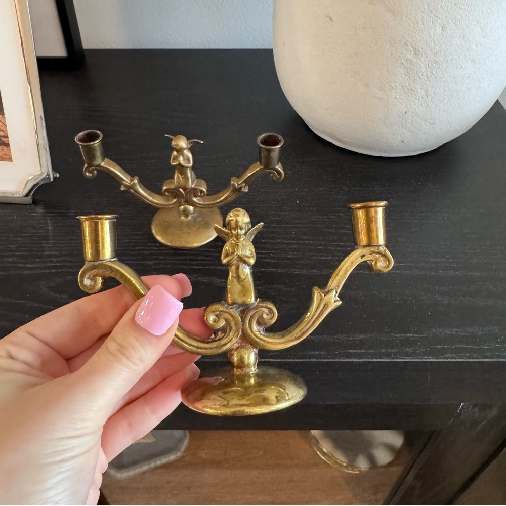 Set of 2 vintage small brass angel candle stick holder